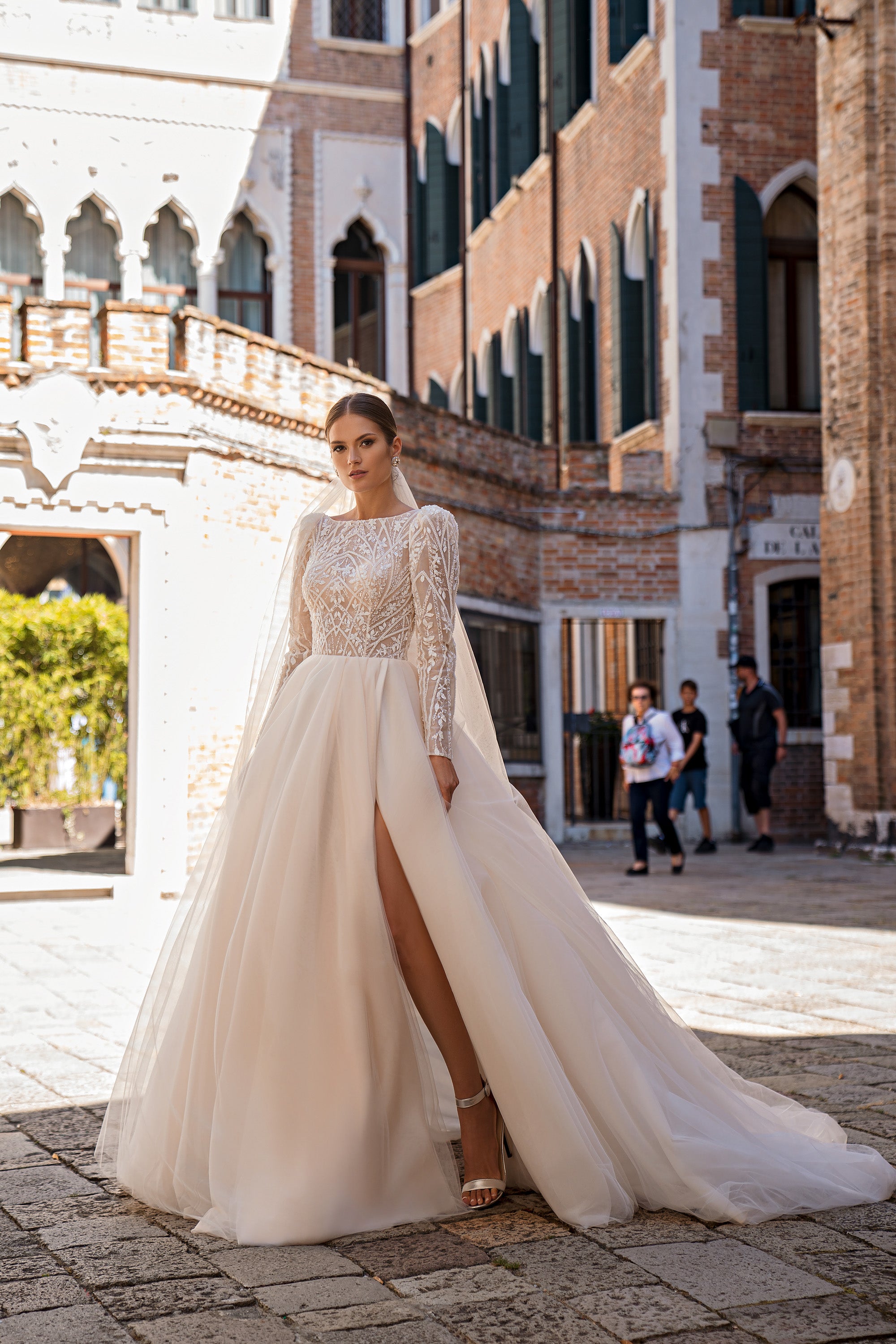 A-Line Wedding Dress with Beaded Long-Sleeve Bodice and Slit