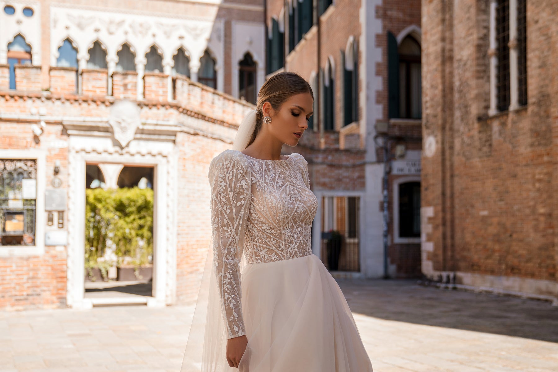 A-Line Wedding Dress with Beaded Long-Sleeve Bodice and Slit