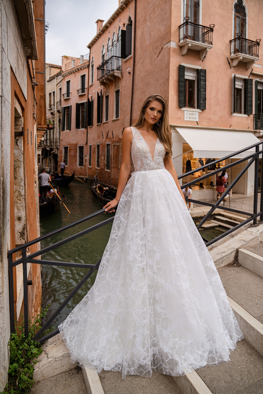 Sparkly A-Line Wedding Dress with Beaded V-Neck Bodice