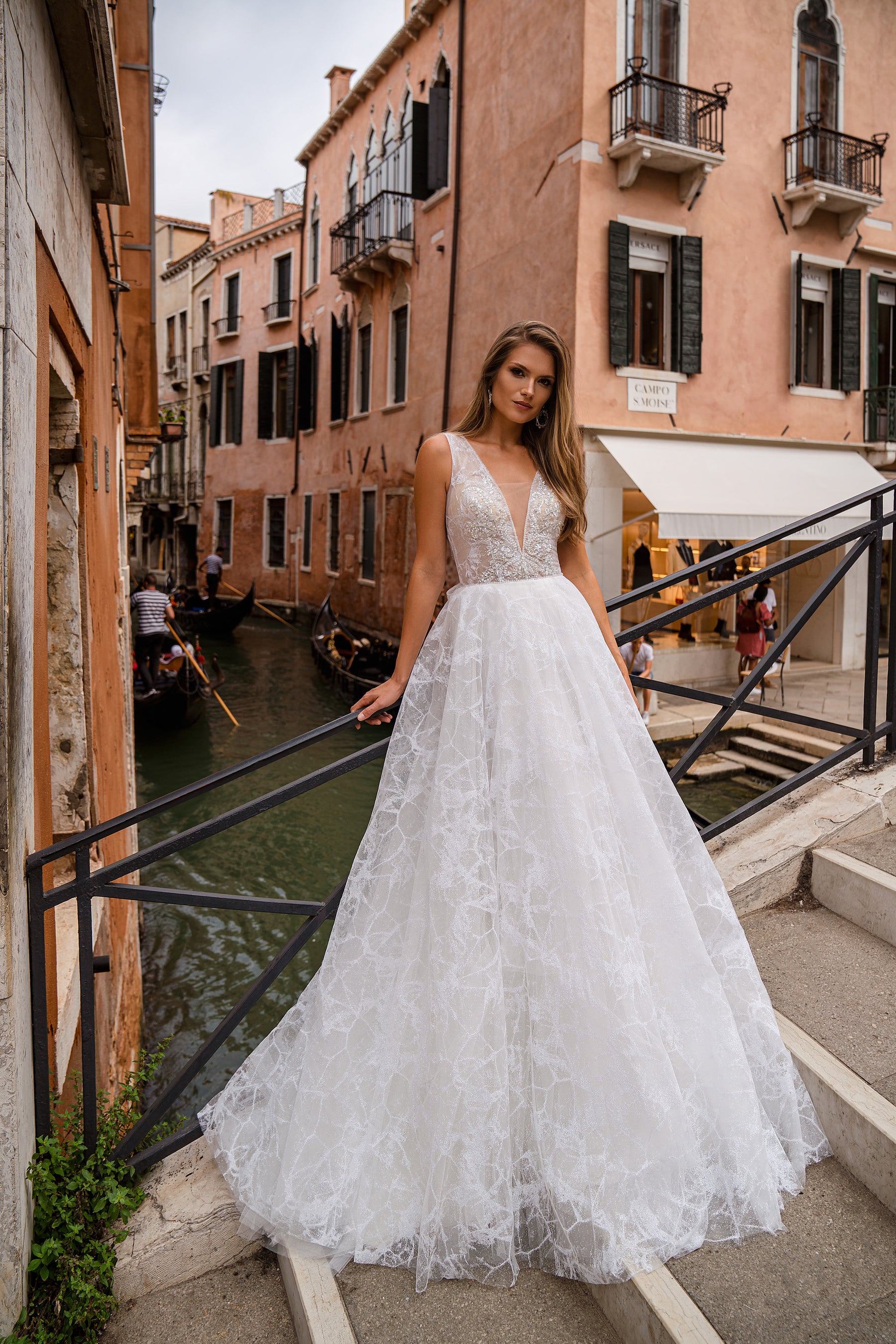 Sparkly A-Line Wedding Dress with Beaded V-Neck Bodice