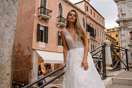 Sparkly A-Line Wedding Dress with Beaded V-Neck Bodice