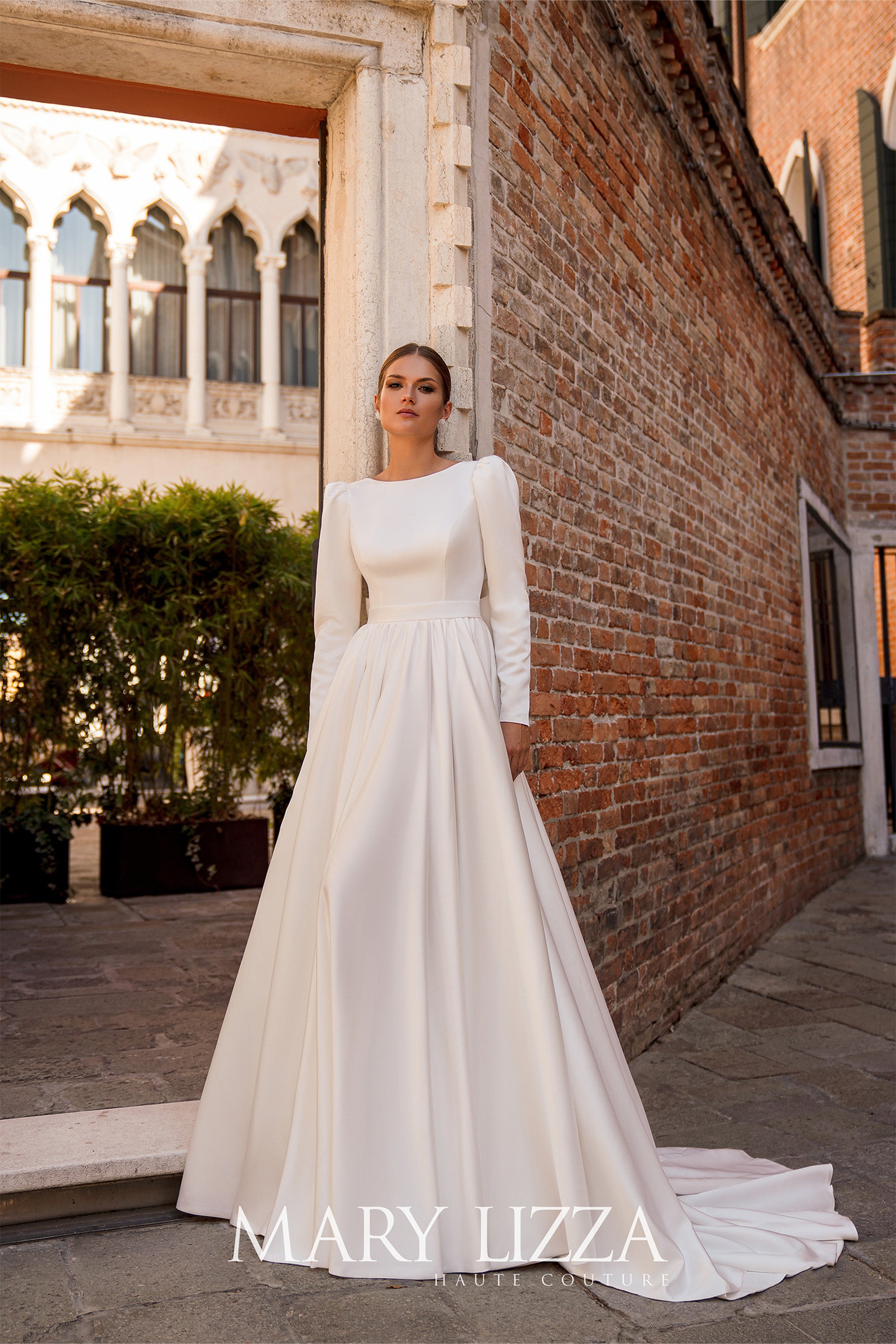 Long Sleeve Satin A-Line Wedding Dress with Open Back Bow