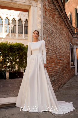 Long Sleeve Satin A-Line Wedding Dress with Open Back Bow