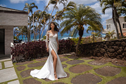 Mermaid Wedding Dress with Beaded Illusion Sleeves and Detachable Overskirt