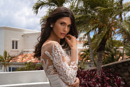Mermaid Wedding Dress with Beaded Illusion Sleeves and Detachable Overskirt
