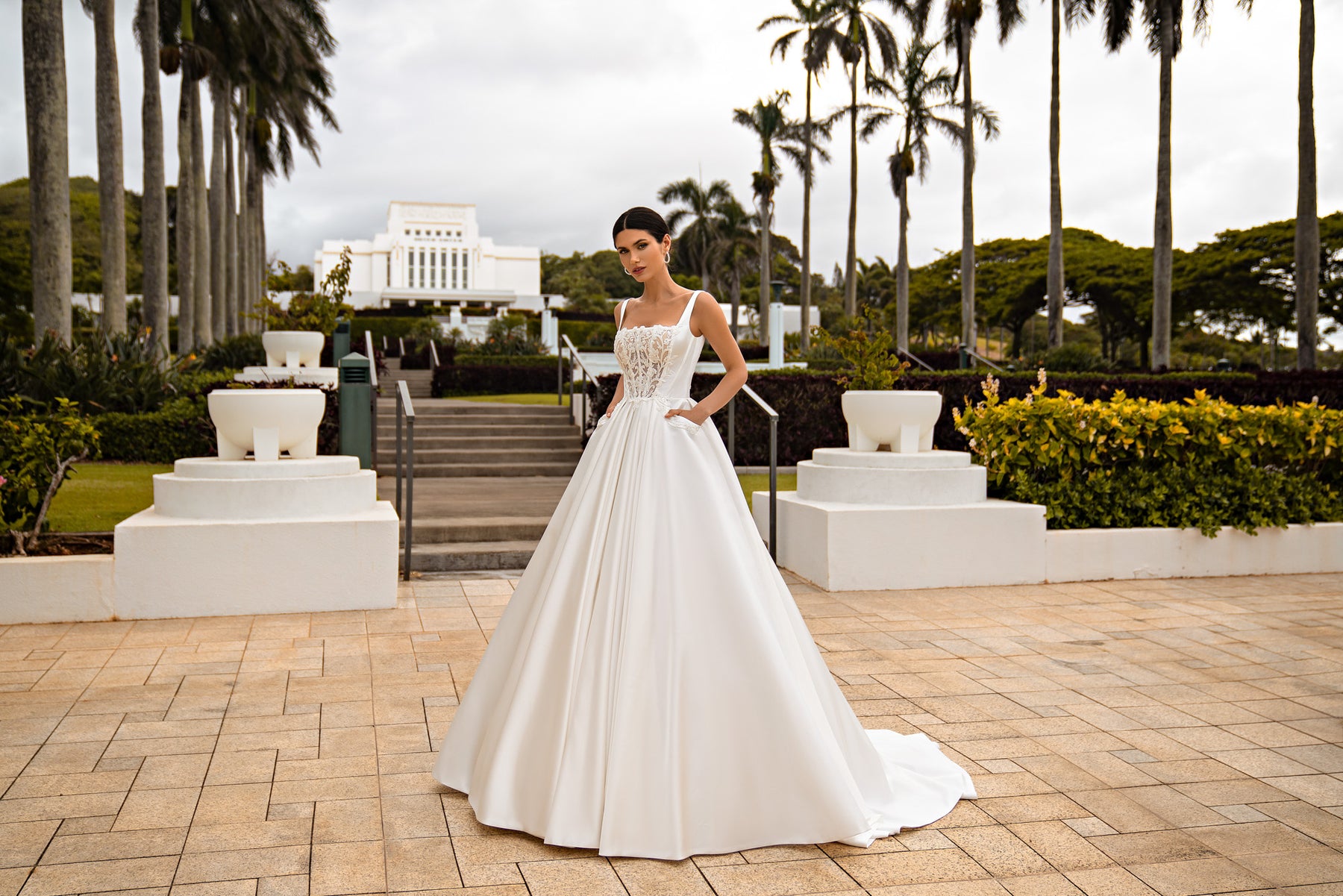 Classic Wedding Dress Minimalism Style - Royal Satin, Strapless, Plume Skirt, Train, Square Neckline, Guipure Embroidered with Beads & Sequins
