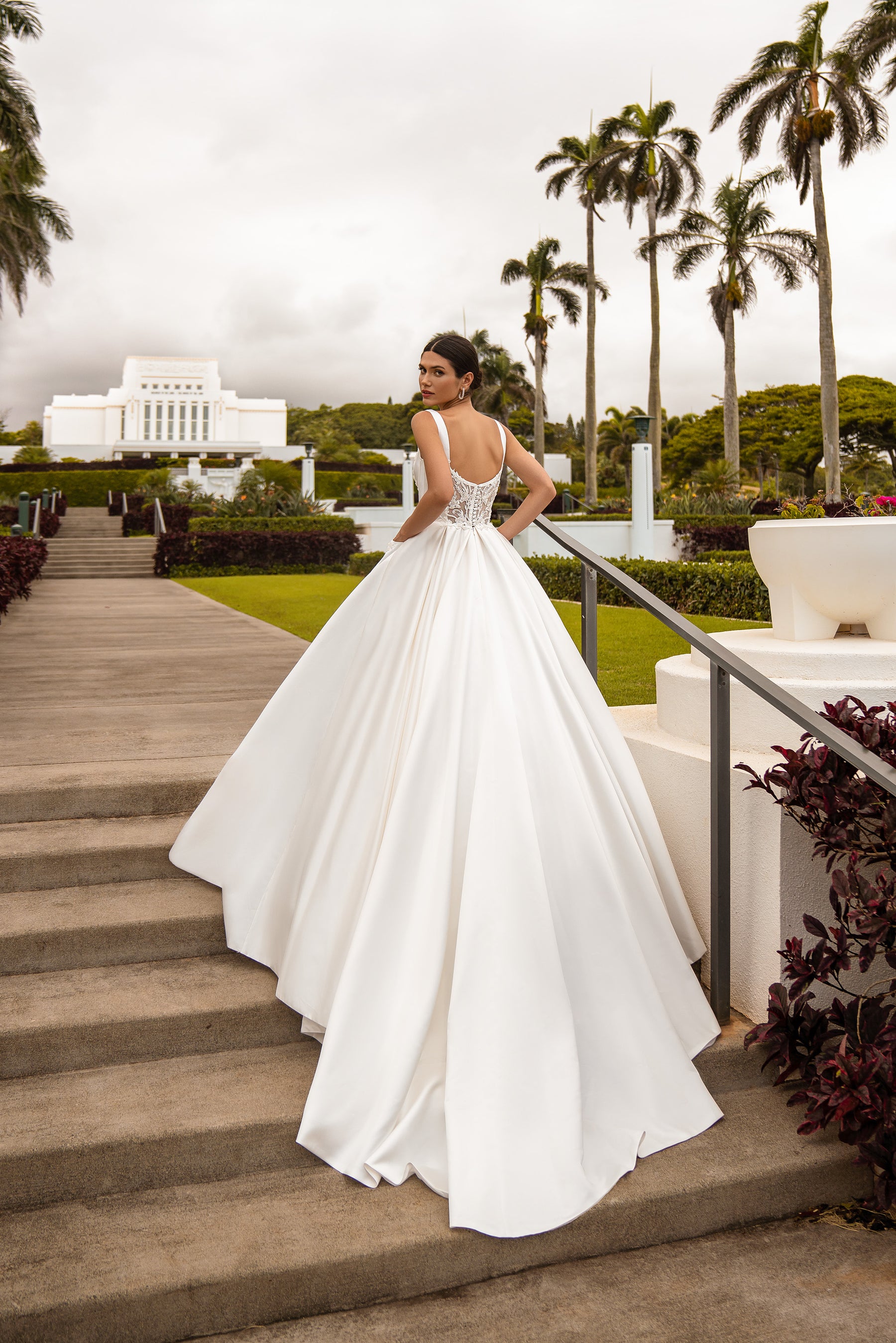 Classic Wedding Dress Minimalism Style - Royal Satin, Strapless, Plume Skirt, Train, Square Neckline, Guipure Embroidered with Beads & Sequins