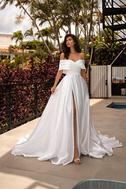 Satin A-Line Wedding Dress with Slit and Detachable Puff Sleeves