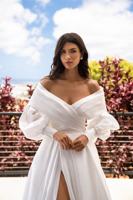 Satin A-Line Wedding Dress with Slit and Detachable Puff Sleeves