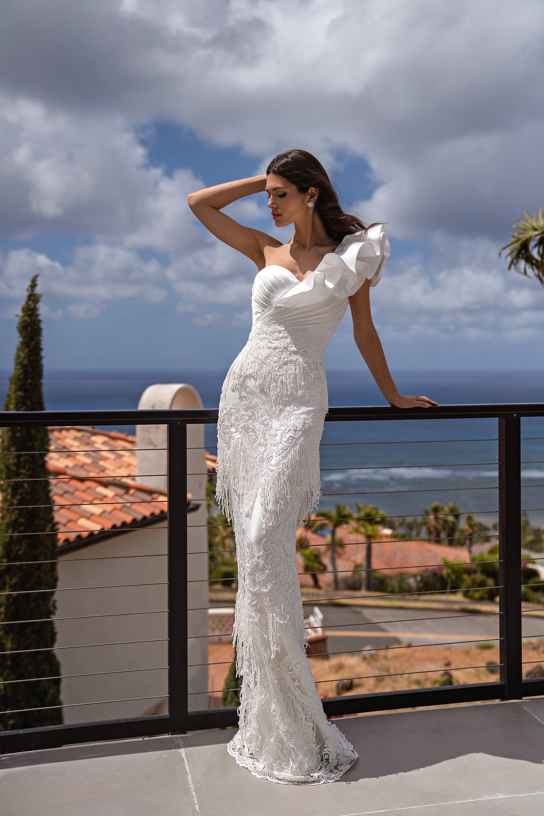 Sheath Wedding Dress with Fringe Lace and Detachable Overskirt