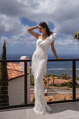 Sheath Wedding Dress with Fringe Lace and Detachable Overskirt