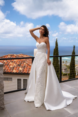 Sheath Wedding Dress with Fringe Lace and Detachable Overskirt