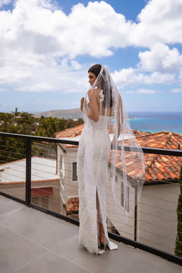 Sheath Wedding Dress with Fringe Lace and Detachable Overskirt