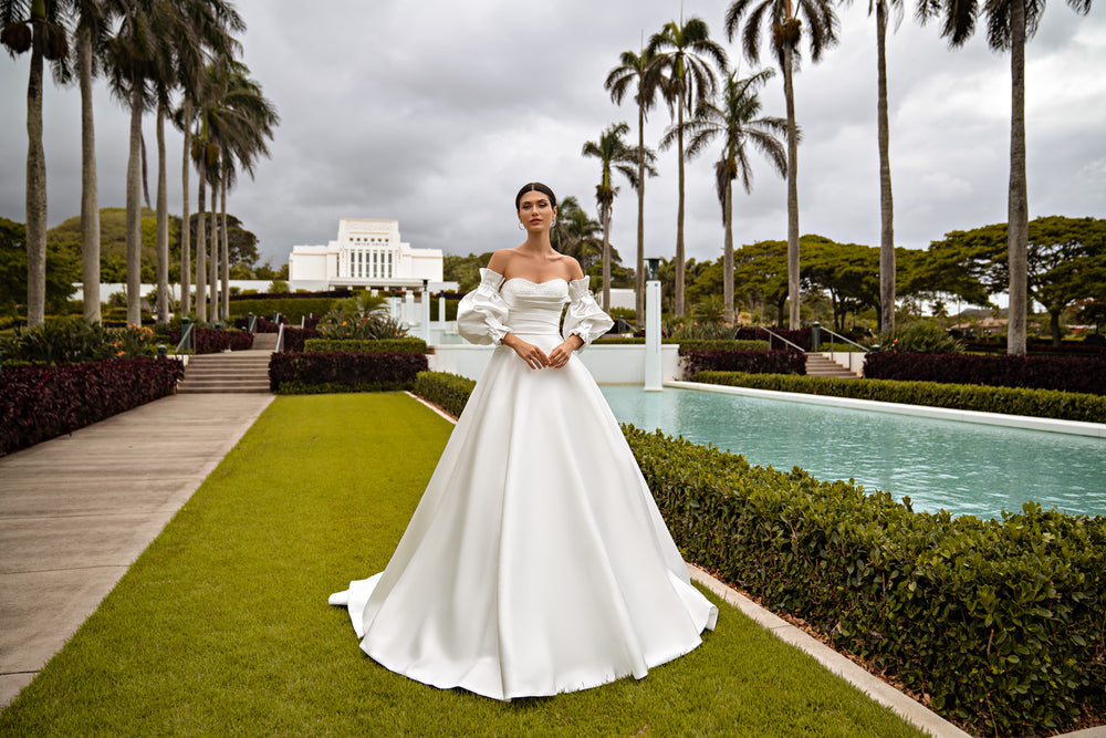 Luxury Mikado Fabric Minimalism Style Wedding Dress with Embroidered Crystal Detachable Sleeves