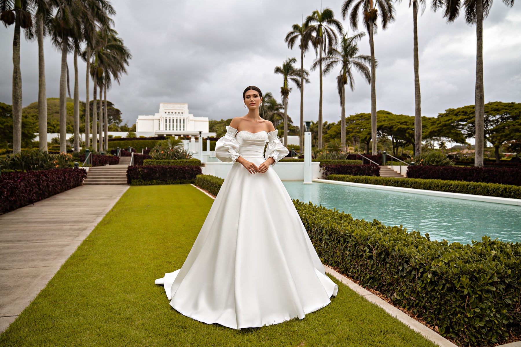 Mikado Ball Gown Wedding Dress with Beaded Bodice and Detachable Sleeves