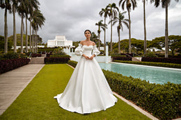 Mikado Ball Gown Wedding Dress with Beaded Bodice and Detachable Sleeves
