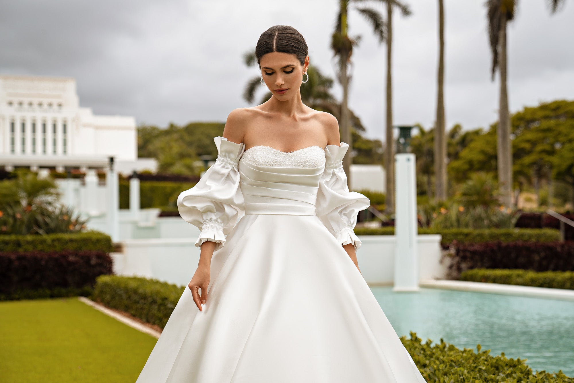 Mikado Ball Gown Wedding Dress with Beaded Bodice and Detachable Sleeves