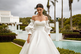 Mikado Ball Gown Wedding Dress with Beaded Bodice and Detachable Sleeves