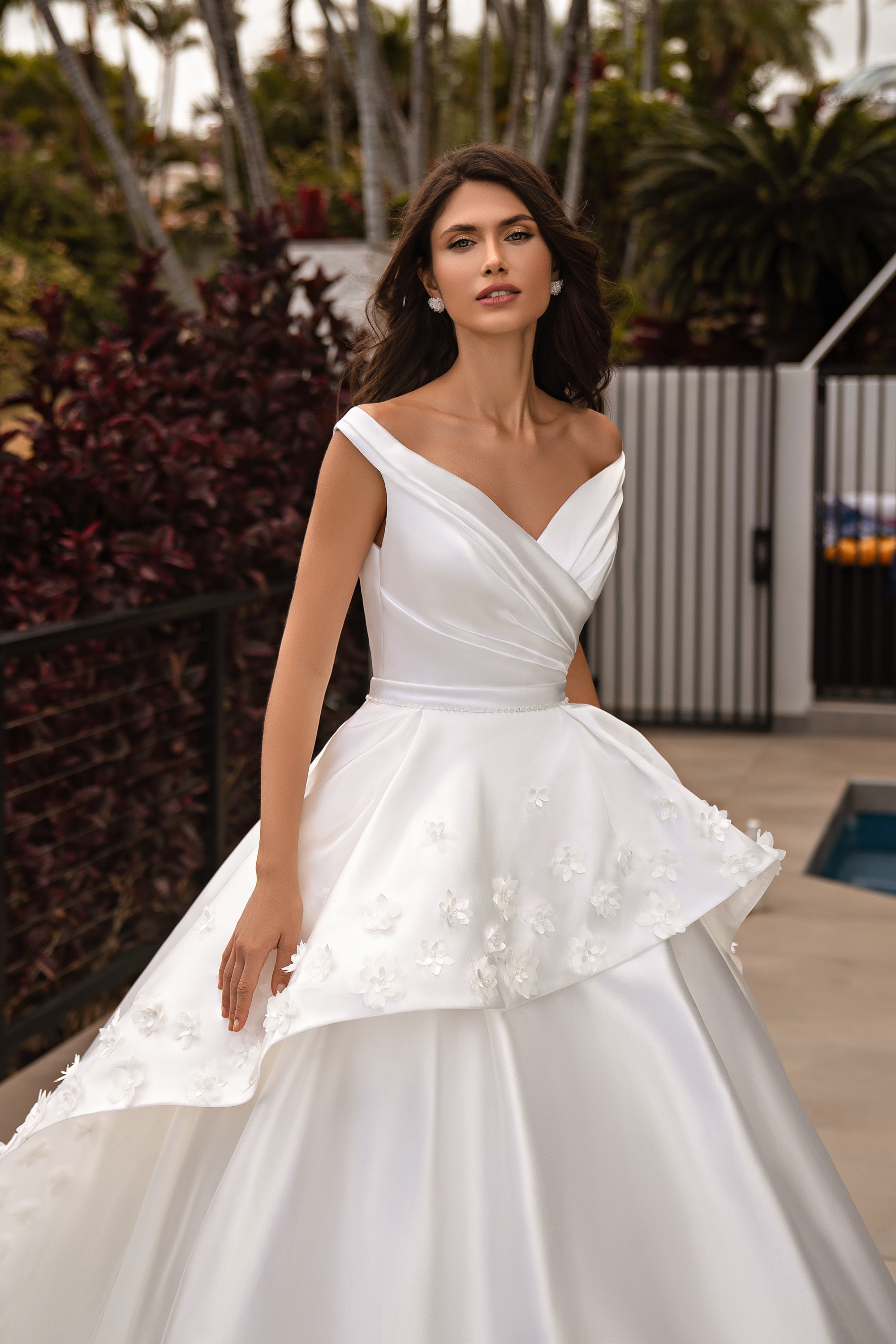 Satin Ball Gown Wedding Dress with Detachable Floral Overskirt