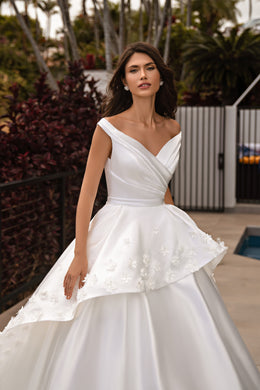 Satin Ball Gown Wedding Dress with Detachable Floral Overskirt
