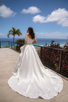 Satin Ball Gown Wedding Dress with Detachable Floral Overskirt