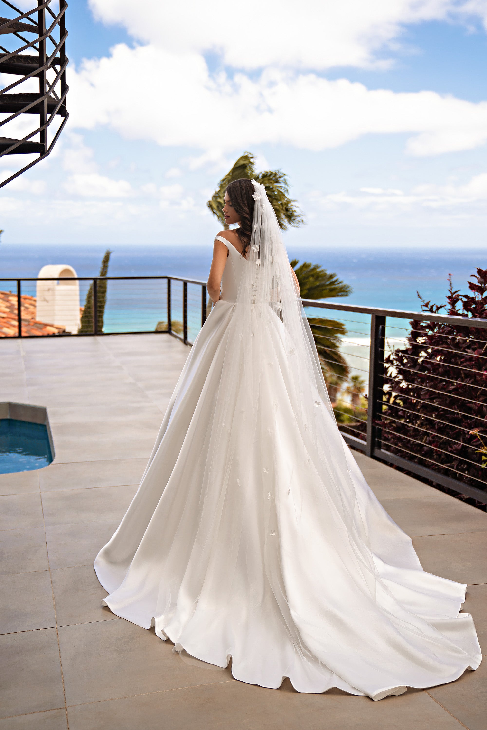 Satin Ball Gown Wedding Dress with Detachable Floral Overskirt