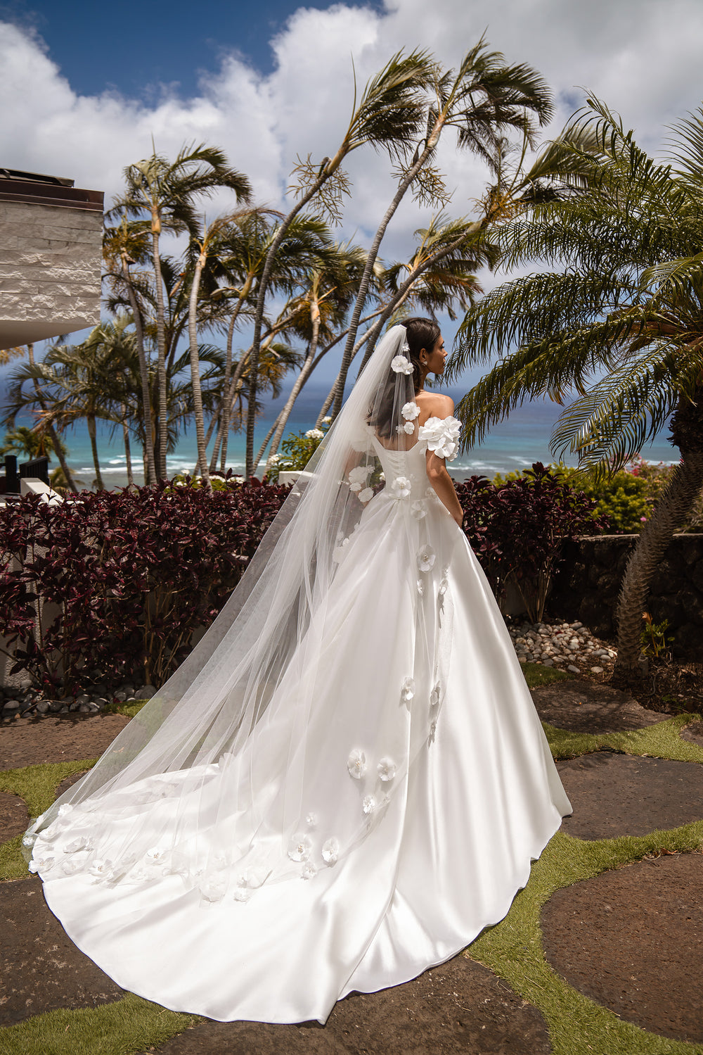 Refined Wedding Dress with Open Shoulders, Short Sleeves, Gorgeous Skirt Train, Unusual Waist Corset, and Decorative Flowers Embroidered with Pearls