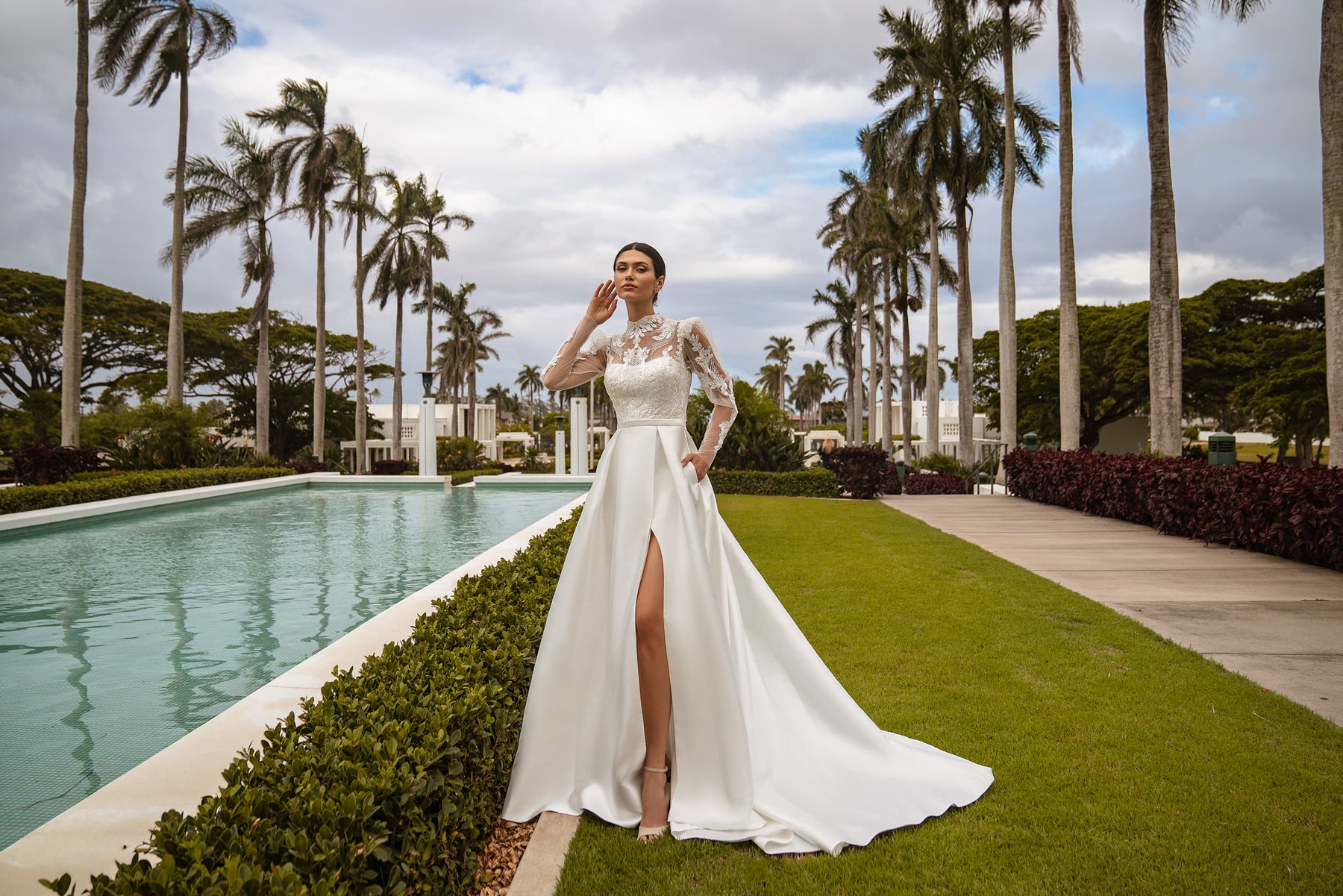 Satin A-Line Wedding Dress with High Neck Lace Bodice and Slit