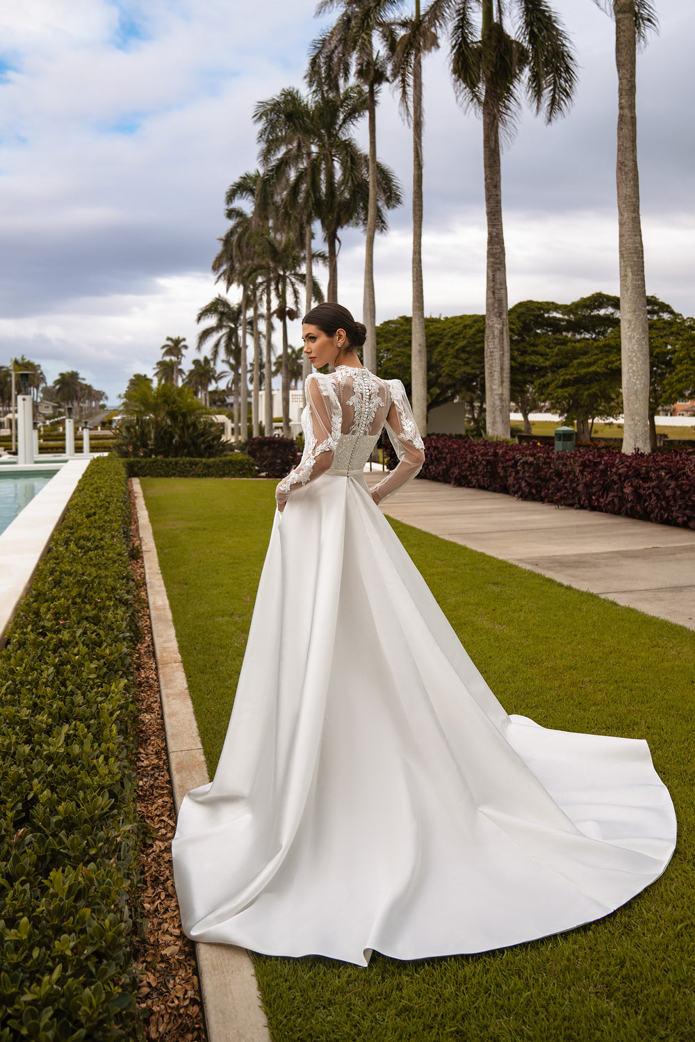 Elegant Wedding Dress - Graceful Collar, Long Sleeves, Luxury Mikado Fabric, Guipure Embroidery with Beads & Sequins