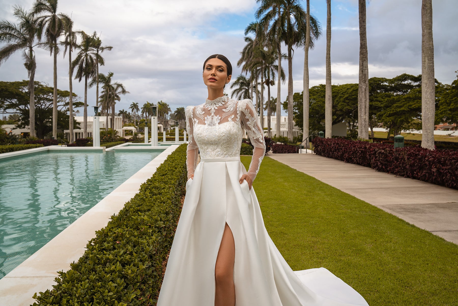 Satin A-Line Wedding Dress with High Neck Lace Bodice and Slit