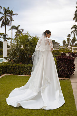 Satin A-Line Wedding Dress with High Neck Lace Bodice and Slit
