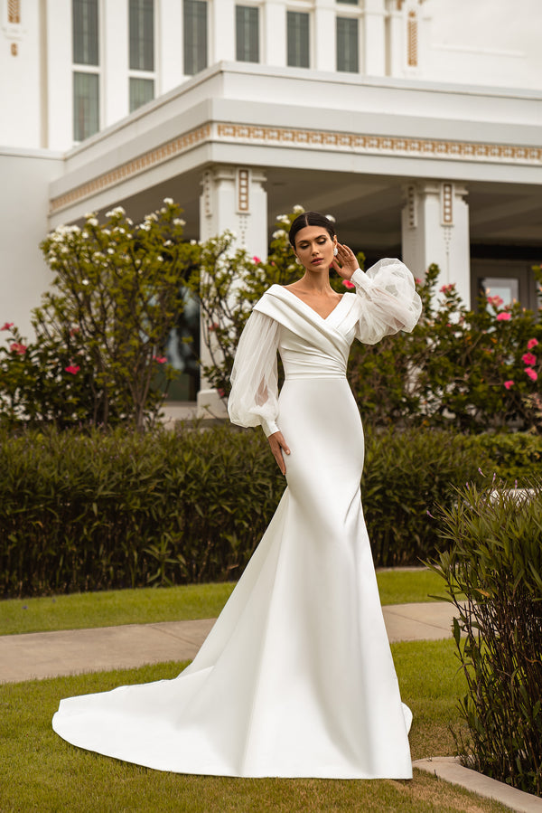 Royal Satin Minimalism Mermaid Wedding Dress with Open Shoulders and Graceful Cuffs - Elegant and Luxurious