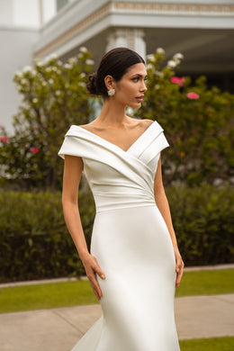 Royal Satin Minimalism Mermaid Wedding Dress with Open Shoulders and Graceful Cuffs - Elegant and Luxurious