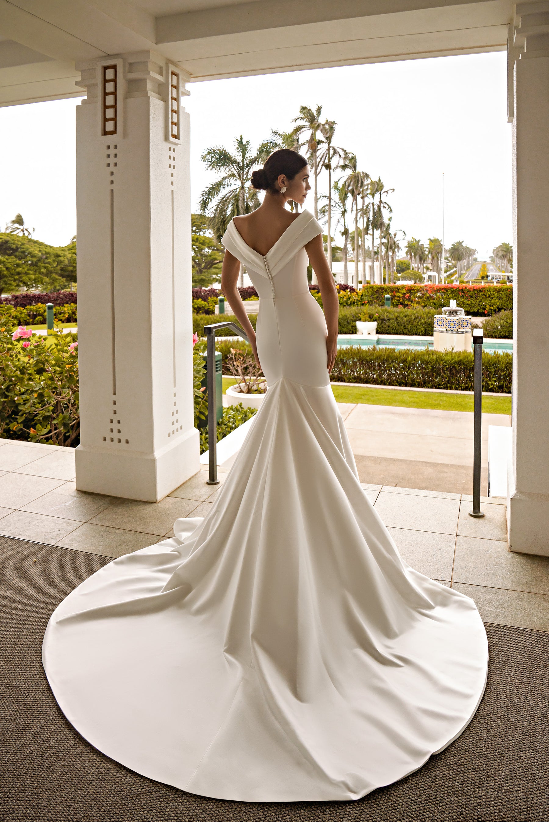Royal Satin Minimalism Mermaid Wedding Dress with Open Shoulders and Graceful Cuffs - Elegant and Luxurious