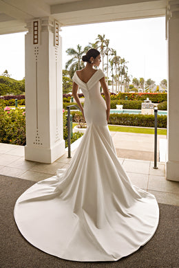 Royal Satin Minimalism Mermaid Wedding Dress with Open Shoulders and Graceful Cuffs - Elegant and Luxurious