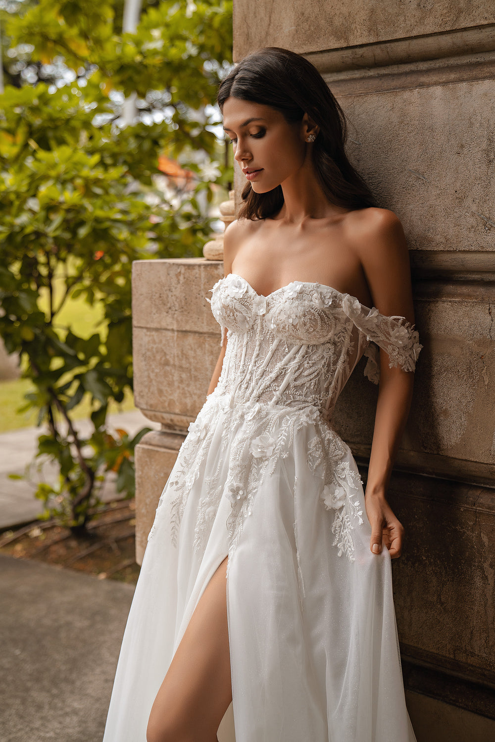 bra for off shoulder wedding dress Satin Off-Shoulder Lace Slit Long Sleeve Corset Wedding Dress