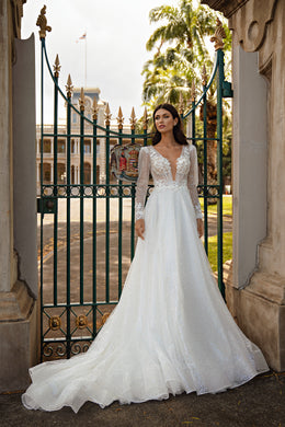 A-Line Wedding Dress with Deep V-Neck and Glitter Tulle