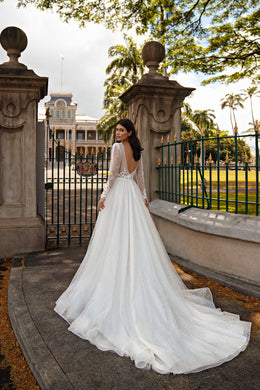 A-Line Wedding Dress with Deep V-Neck and Glitter Tulle