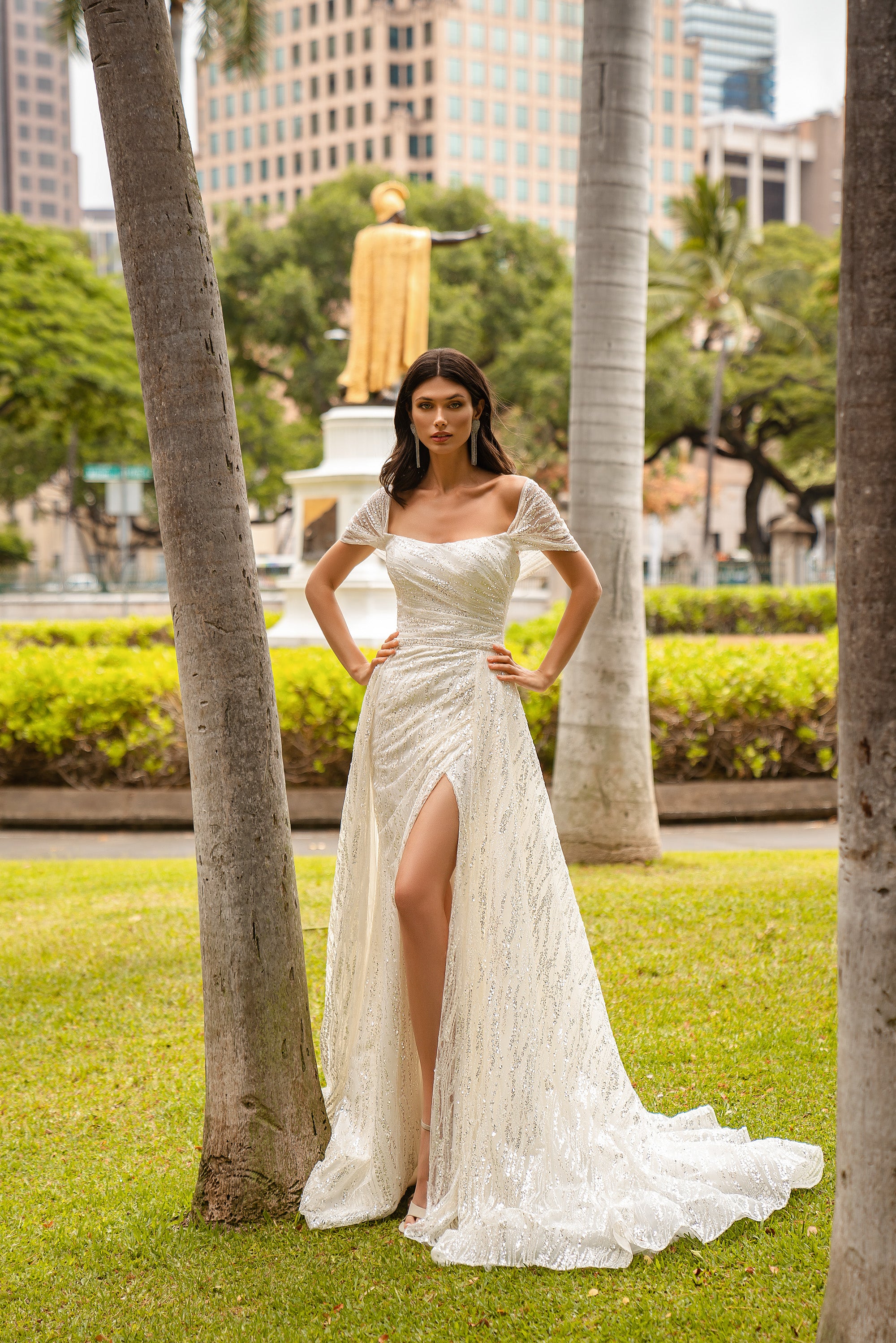 Sheath Wedding Dress with Square Neckline and Slit