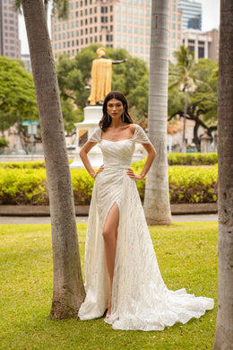Sheath Wedding Dress with Square Neckline and Slit