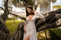 A-Line Wedding Dress with V-Neck and Long Lace Sleeves