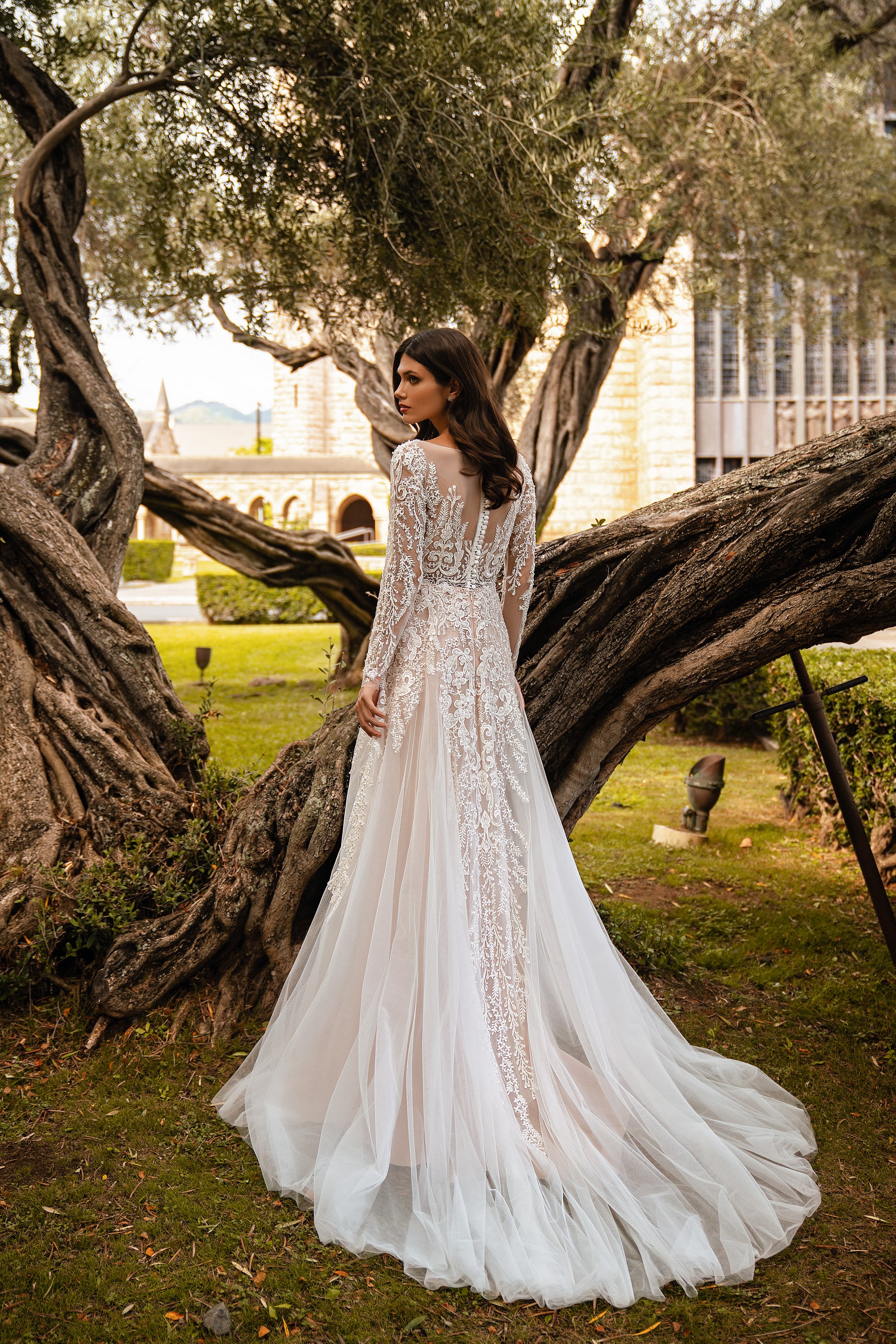 A-Line Wedding Dress with V-Neck and Long Lace Sleeves