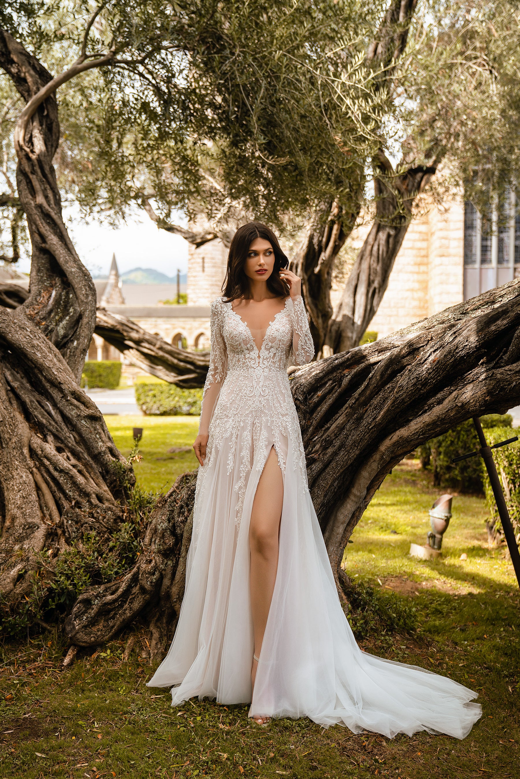 A-Line Wedding Dress with V-Neck and Long Lace Sleeves