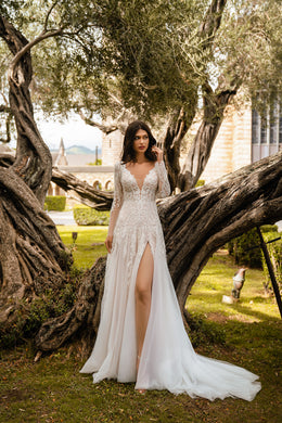 A-Line Wedding Dress with V-Neck and Long Lace Sleeves