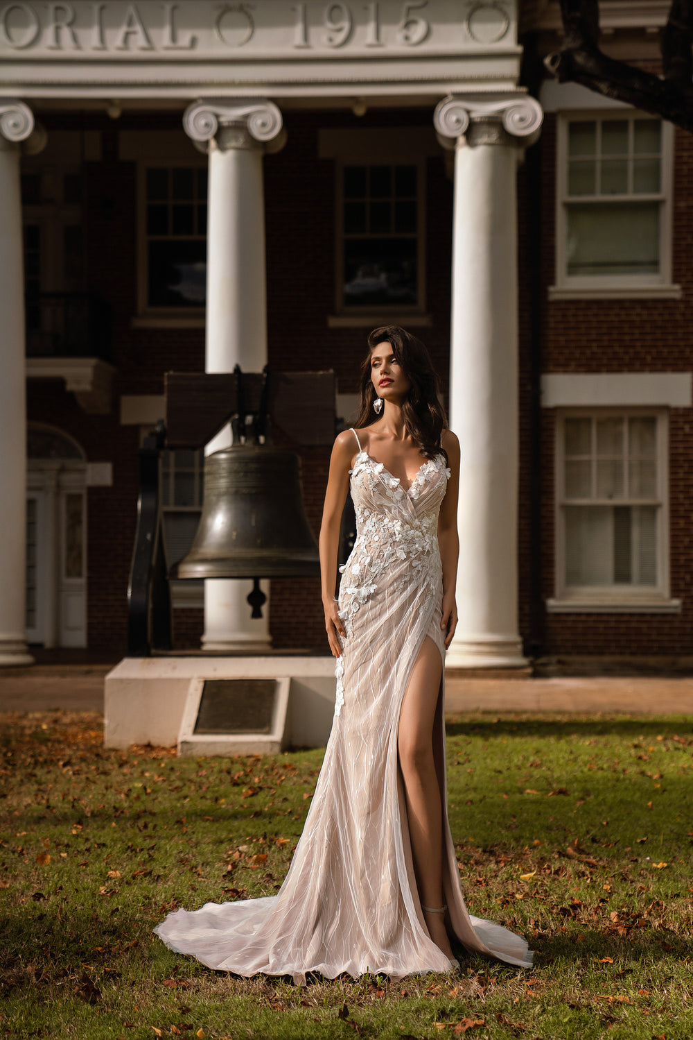 Sheath Wedding Dress with V-Neck and Floral Appliqués