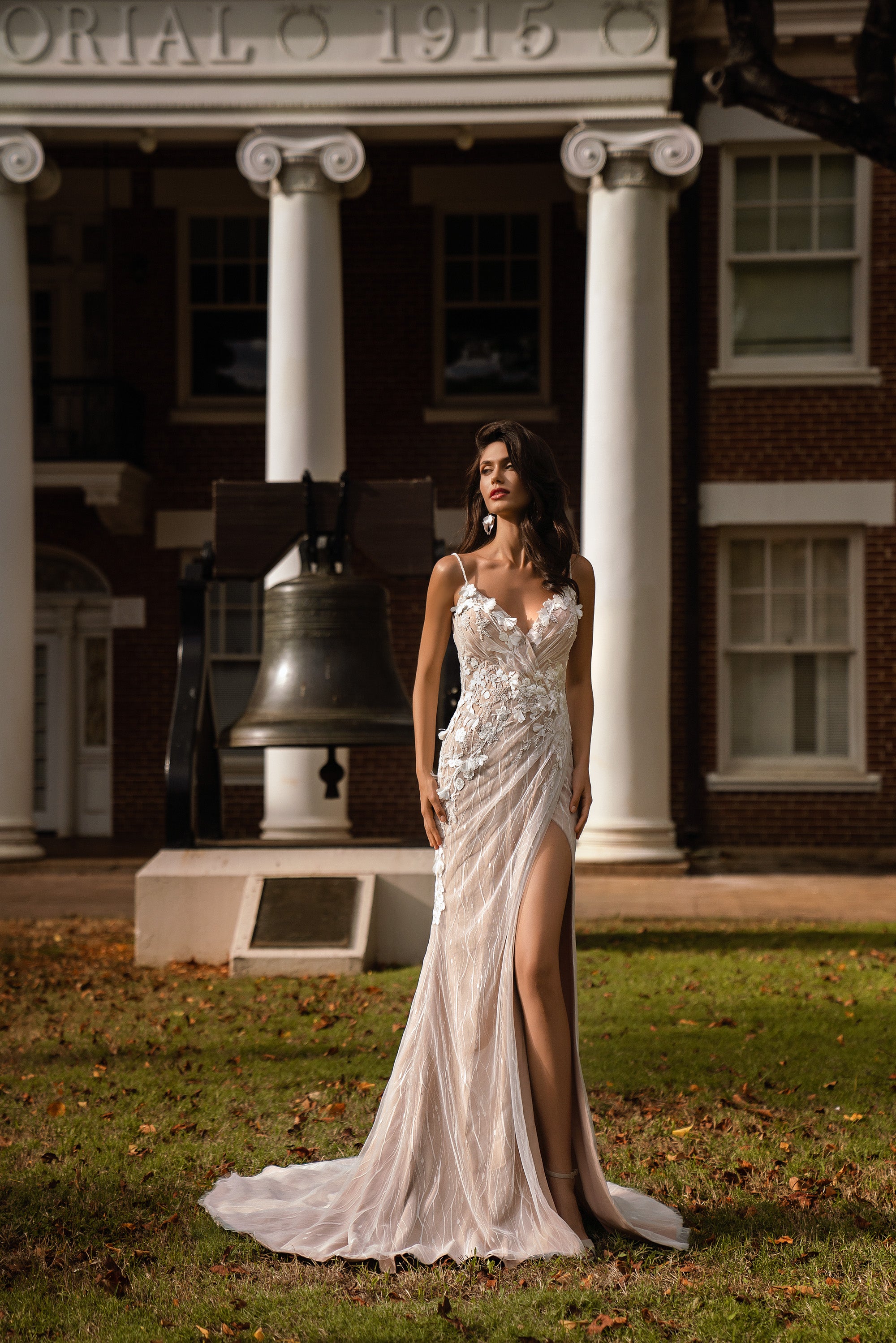 Sheath Wedding Dress with V-Neck and Floral Appliqués