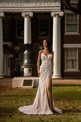 Sheath Wedding Dress with V-Neck and Floral Appliqués