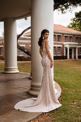 Sheath Wedding Dress with V-Neck and Floral Appliqués