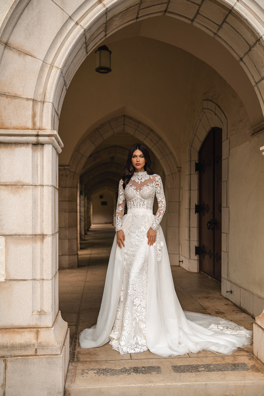 Sheath Wedding Dress with High Neck and Detachable Overskirt