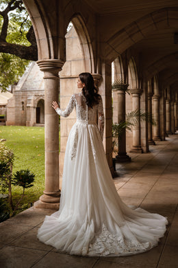 Sheath Wedding Dress with High Neck and Detachable Overskirt